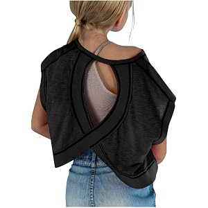 Shirts for Girls Loose Open Back Workout Crop Top Cute Preppy Short Sleeve Round Neck Yoga Athletic T-Shirt 4-13 Y