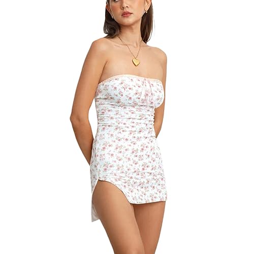 Women Floral Slit Tube Dress Sexy Backless Strapless Mini Dress Summer Short  Skinny Bandeau Dress for Teen Girls Date (Pink, S) in Saudi Arabia | Whizz  Dresses