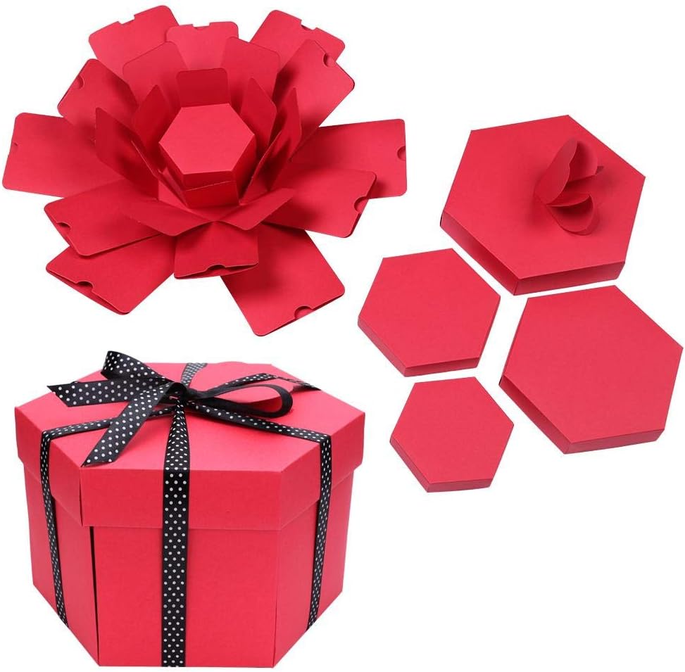 Muyunnet Explosion Box Hexagonal DIY Photo Album Scrapbooking Bomb Box Gift (Red)