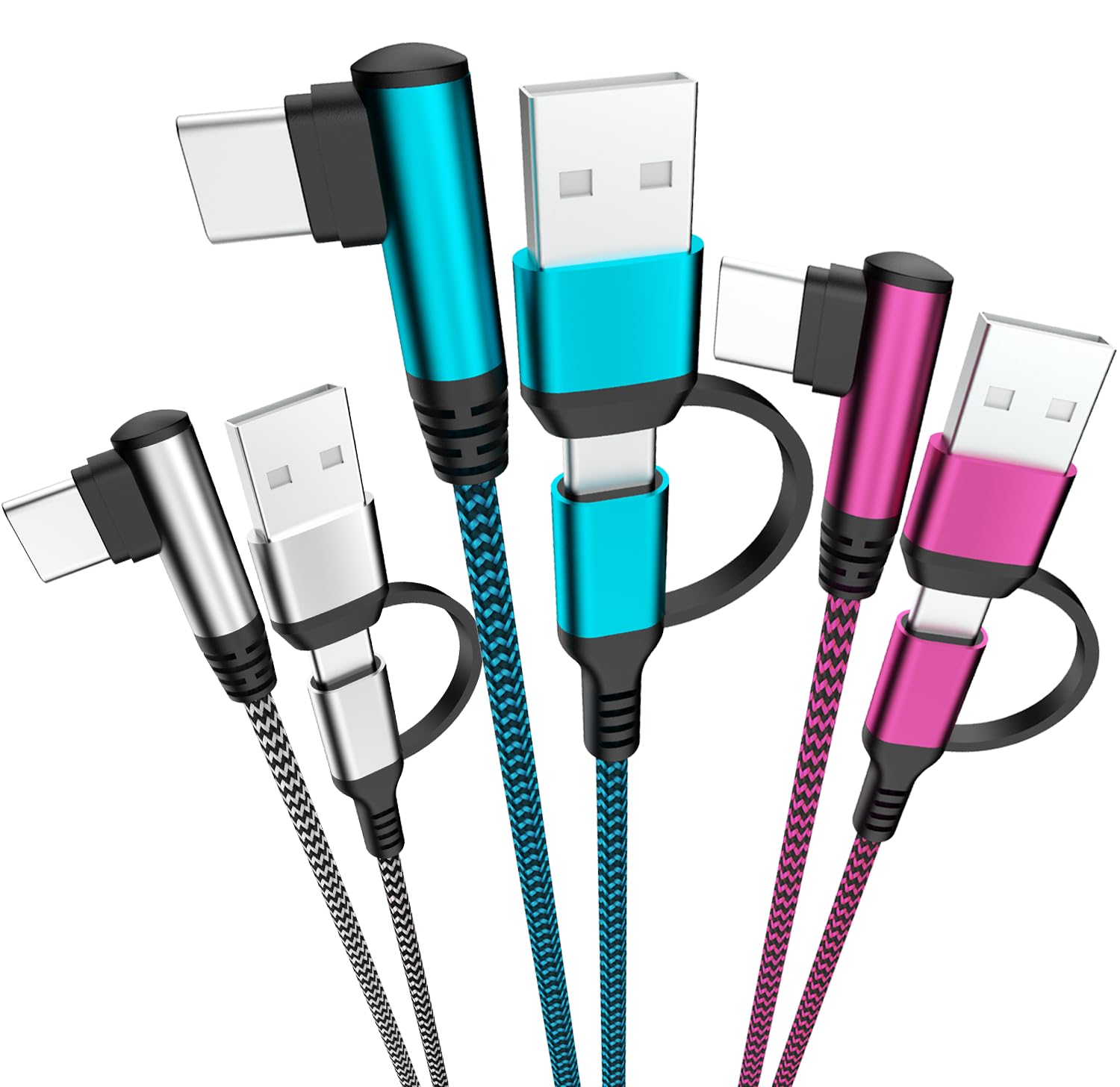 Photo 1 of QQLIKE USB C Cable, 60W 90°Right Angle Type C Charger Fast Charging Cord [3-Pack,6FT] 2 in 1 Multi USB A/C to USB-C Cables for iPhone 15 Pro Max iPad Pro AIR/Mini 6 MacBook Galaxy S23/S22