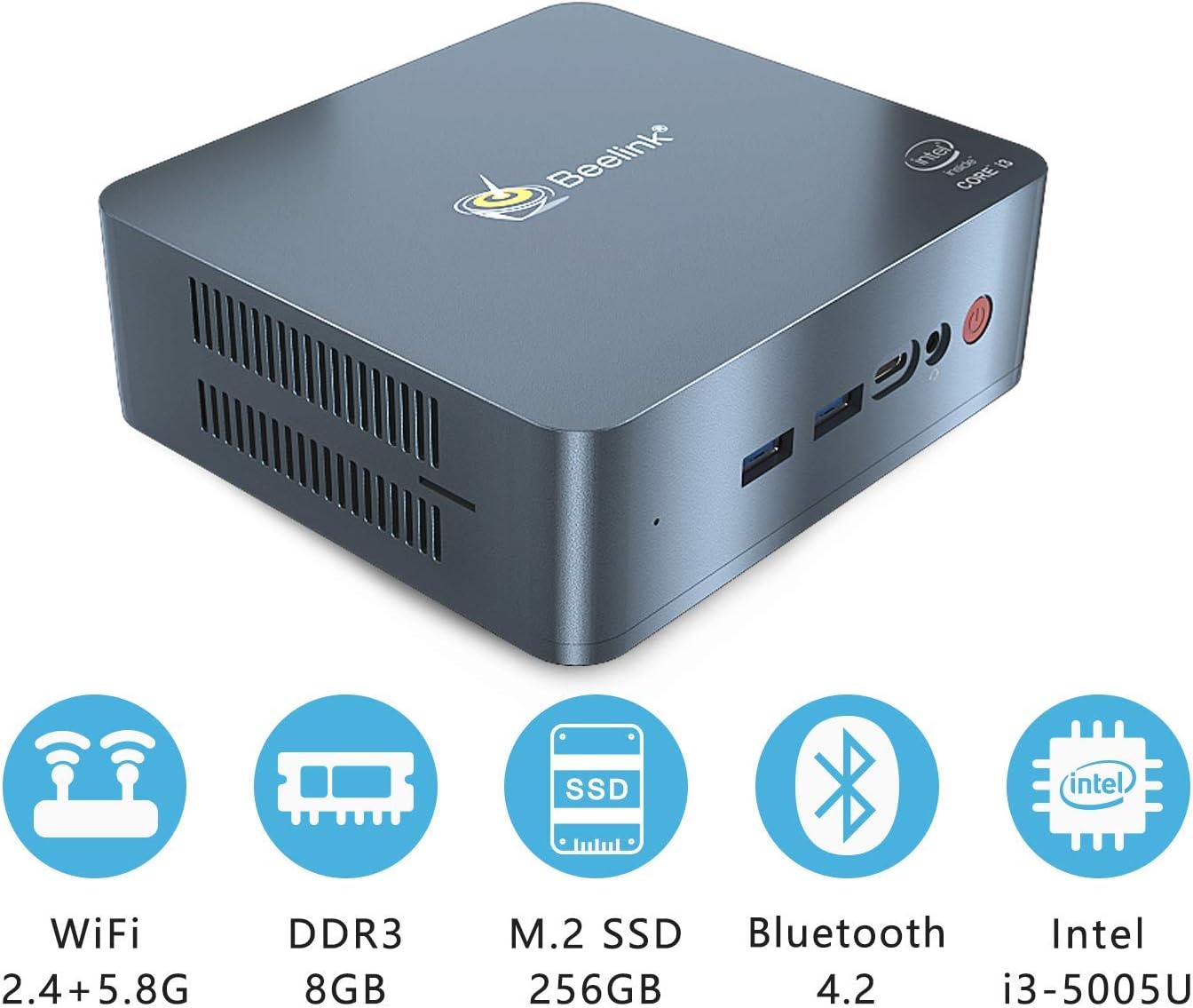 Beelink U55 Mini PC Intel Core i35005U Processor DDR3L 8GB/256GB SSD Support Expandable with