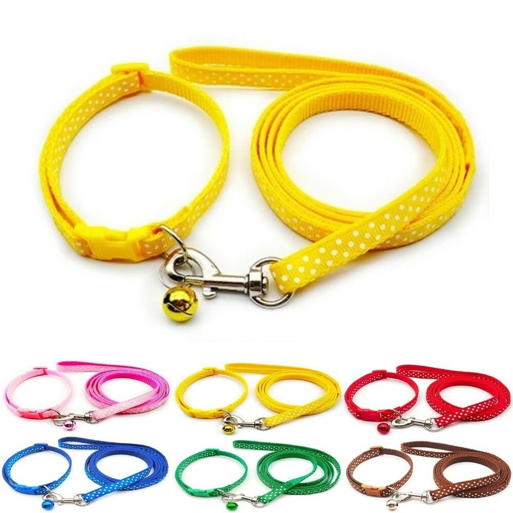 Small Dog Puppy Pet Collar and Lead Set Spot Dot Design Nylon Adjustable Size 19-32cm Collar with Bell and 120cm Leash Yellow