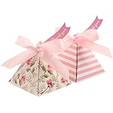 Toyvian 25 Pack Triangle Wedding Gift Boxes Double-sided Printing Flower Paper Candy Box for Wedding Party Favors (Pink)