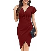 ZonJie Women's Sexy V Neck Ruffle Sleeve Faux Wrap Ruched Bodycon Dress Cocktail Party Work Wedding Guest Dresse