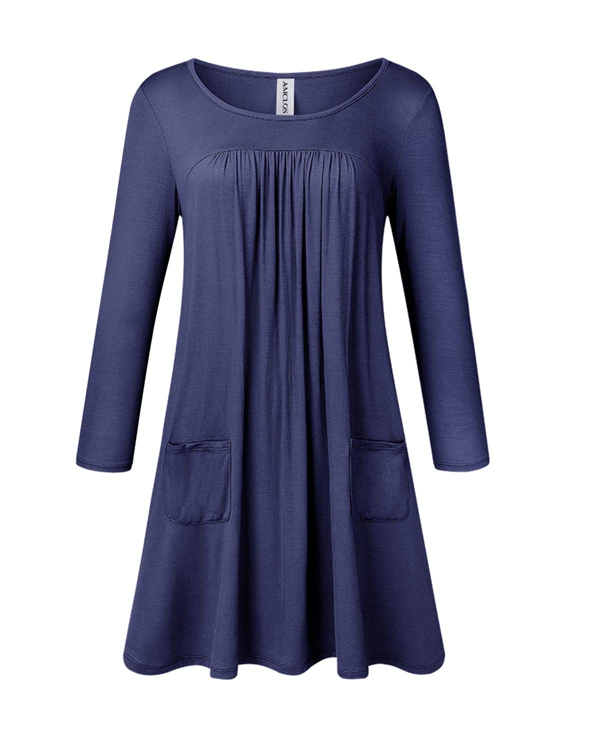 AMCLOS Womens Dress Plus Size Swing Simple Ruffle with Pockets Loose Casual Plain Round Neck Dresses Long Sleeve (Large, Royal Blue)