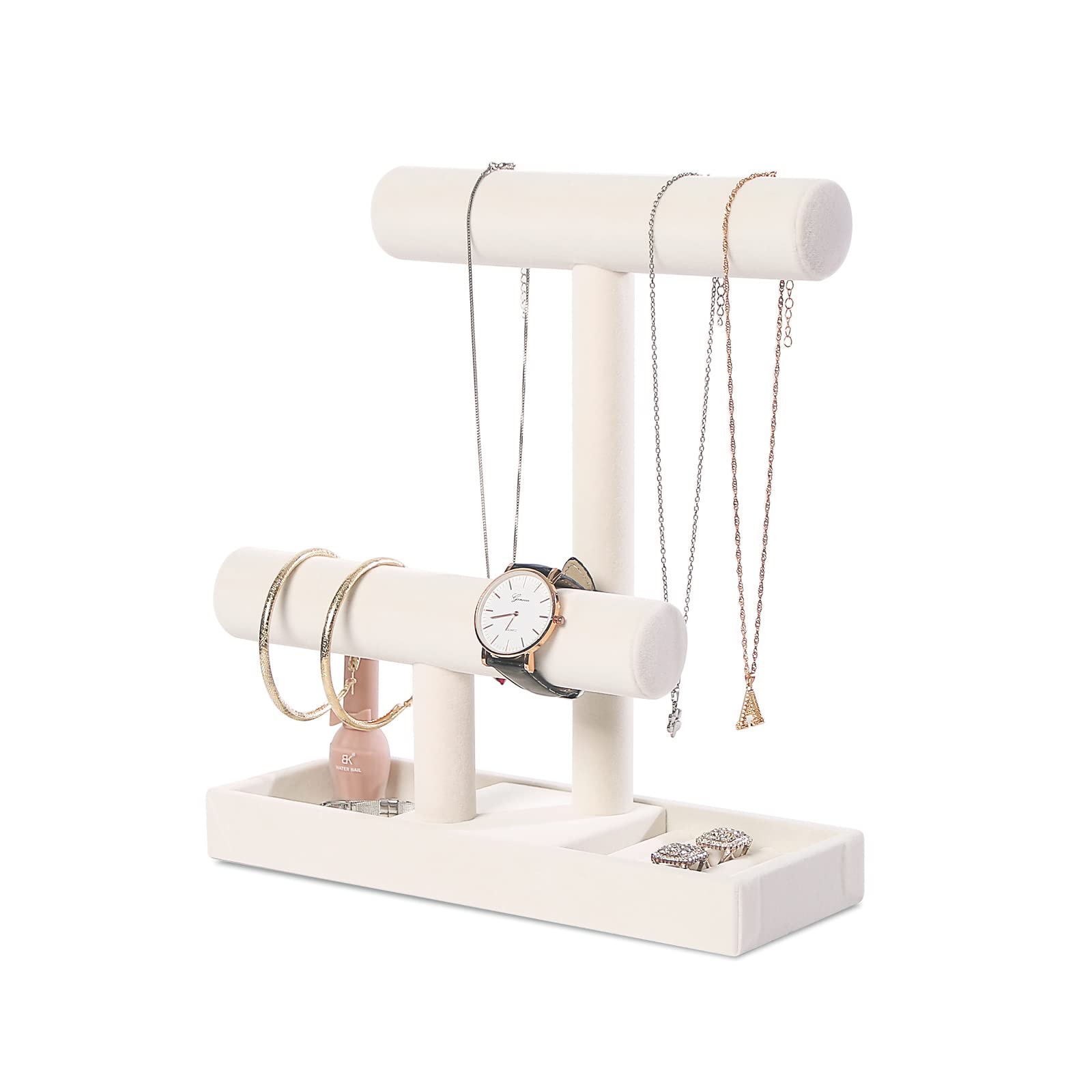 ByKen Jewelry ByKen Multi-Functional 2 Tier Jewelry Holder,Necklace Bracelet Holder with Earrings Rings Tray,Jewelry Organizer Stand for Scrunchie Watches(Beige Velvet)