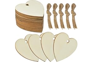 obmwang 50 Pieces 3 Inch Natural Heart Wood Slices, DIY Wooden Ornaments Unfinished Predrilled Heart Embellishments with Twin