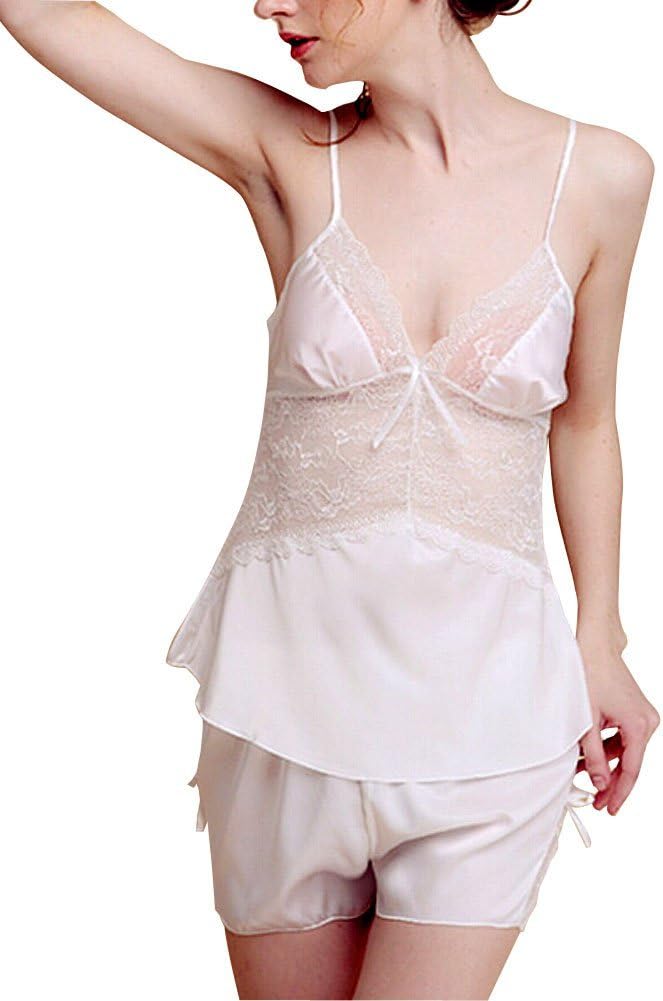 X Shop Womens Sleepwear Backless Silk Pajama Set Sexy Lace Nightwear