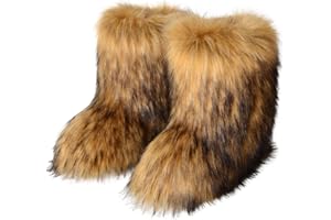 Eosxrp Furry Faux Fur Boots Women's Winter Shoes Woman Fluffy Warm Snow Boots Mid-Calf Comfortable Outdoor Flat
