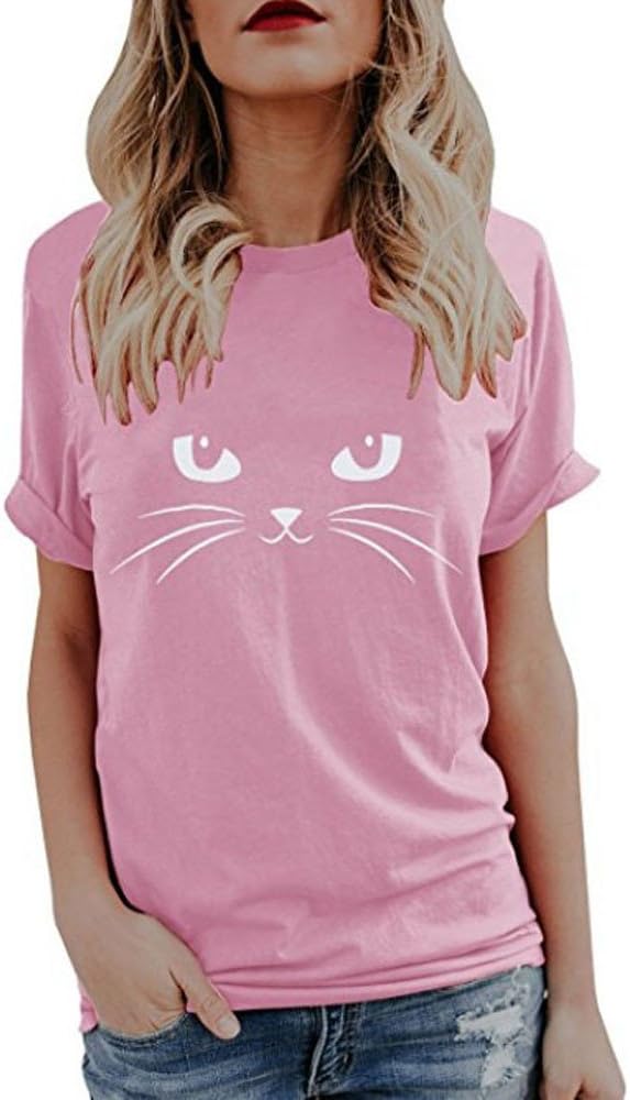 TOPKEAL Womens Girls T-Shirt Short Sleeve Cute Cat Print Tops Round Neck Ladies Bluses Slim Leisure Tunic Tee Tank Tops