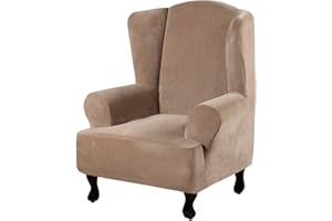 H.VERSAILTEX Wingback Chair Covers Velvet Plush Wing Chair Slipcover 1 Piece High Stretch Wing Back Chair Slipcovers Sofa Cover Furniture Cover with Elastic Bottom, Camel