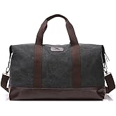 Sunshinejing Classic Weekender Overnight Duffel Bag Canvas Leather Carry on Travel Tote (Black)