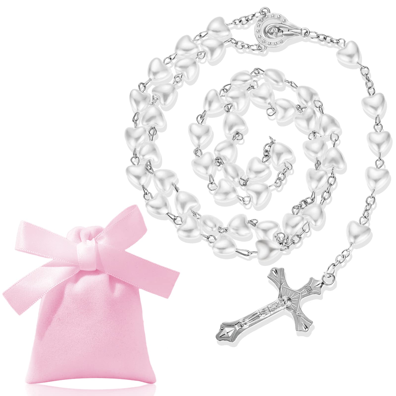 Otuuz Glass Rosary Beads Catholic Necklace Silver Metal Crucifix Charm Necklace Long Holy Prayer Beads Necklace with Medal Cross Crucifix Charm and Velvet Drawstring Bag for Women Men