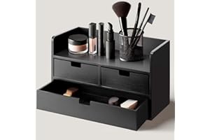 Aimoptg Bamboo Desk Organizer With 3 Drawers Desktop Organizer Modren Table Storage Organizer For Office Home Toiletries Supplies Vanity Kitchen, No Assembly Required, Odorless (Black)