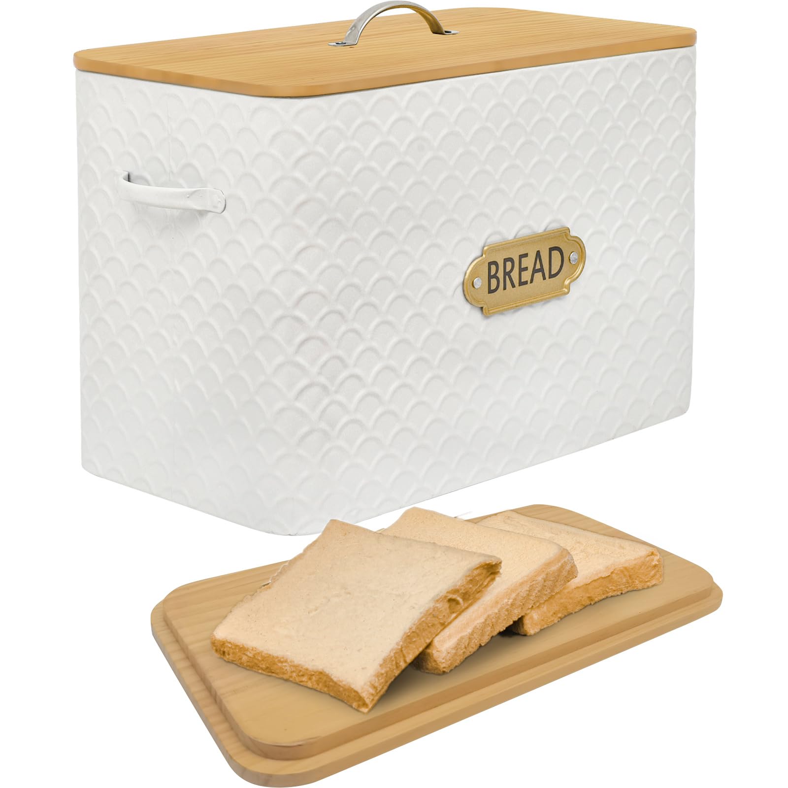 Photo 1 of EMAX HOME Extra Large Space Saving Farmhouse Bread Box With Wood Lid - Holds 2 Loaves - Vertical Breadbox Bread Storage Bin Holder for Kitchen Countertop, White