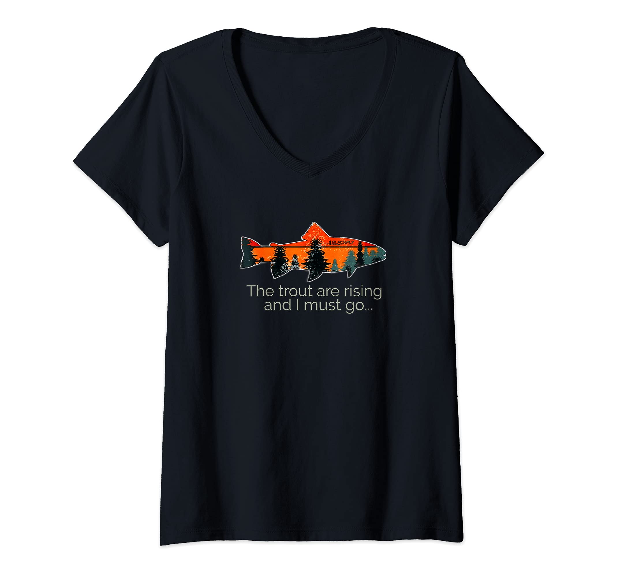 Womens Fly Fishing Apparel & Decor Rising Trout Flies by Black Fly V-Neck T-Shirt