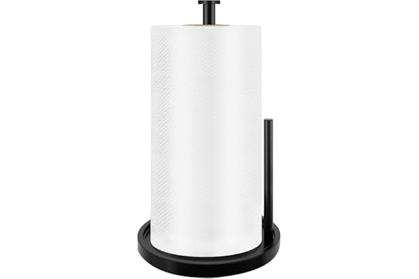 Paper Towel Holder Countertop, Standing Paper Roll Holder with Anti Slip Weighted Base, Stainless Steel Freestanding Paper Towel Holder for Kitchen, Black