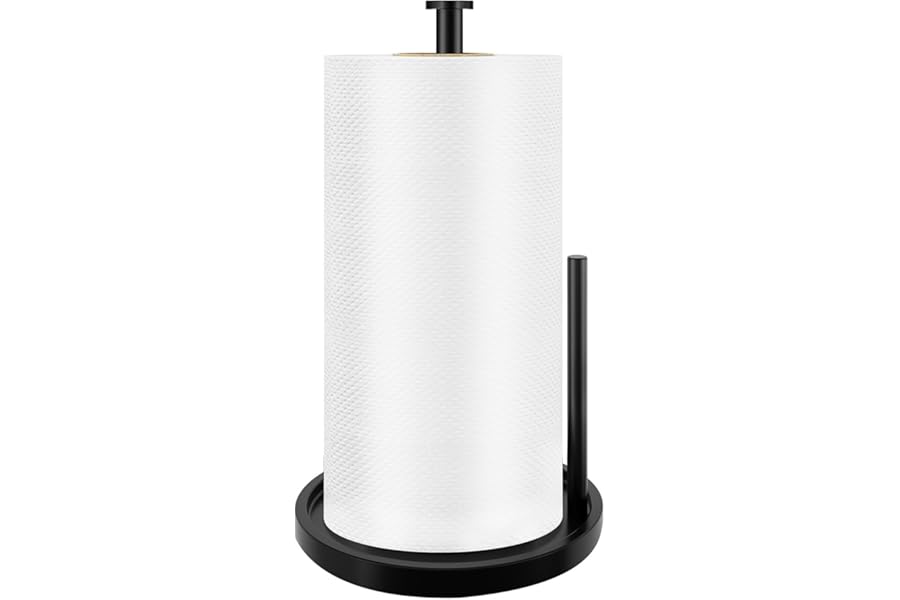 Paper Towel Holder Countertop, Standing Paper Roll Holder with Anti Slip Weighted Base, Stainless Steel Freestanding Paper Towel Holder for Kitchen, Black