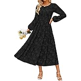 ZESICA Women's Fall Boho Floral Midi Dress 2026 Casual Long Sleeve Crewneck Flowy Wedding Guest Long Dresses