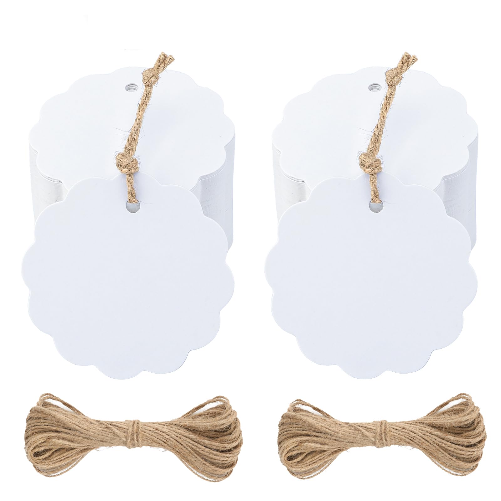 jiAcraft White Gift Tags,100PCS Wedding Favour Tags, 6cm Flower Shape Hang Tags Bonbonniere Gift Tags with Twine 20 Meters Long for Crafts & Price Tags — image 1
