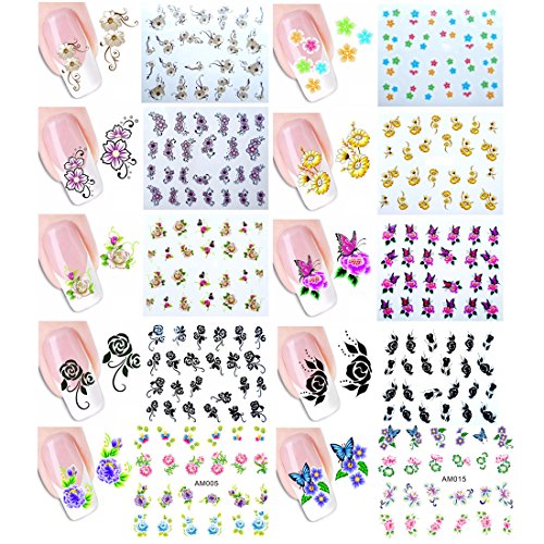 10 Pack Flower Nail Art Stickers Decals Water Slide Sticker Decal 3 Boxes Acrylic Nail Rhinestones Decorations Fingernail Accessories (10 Pack Style 2)