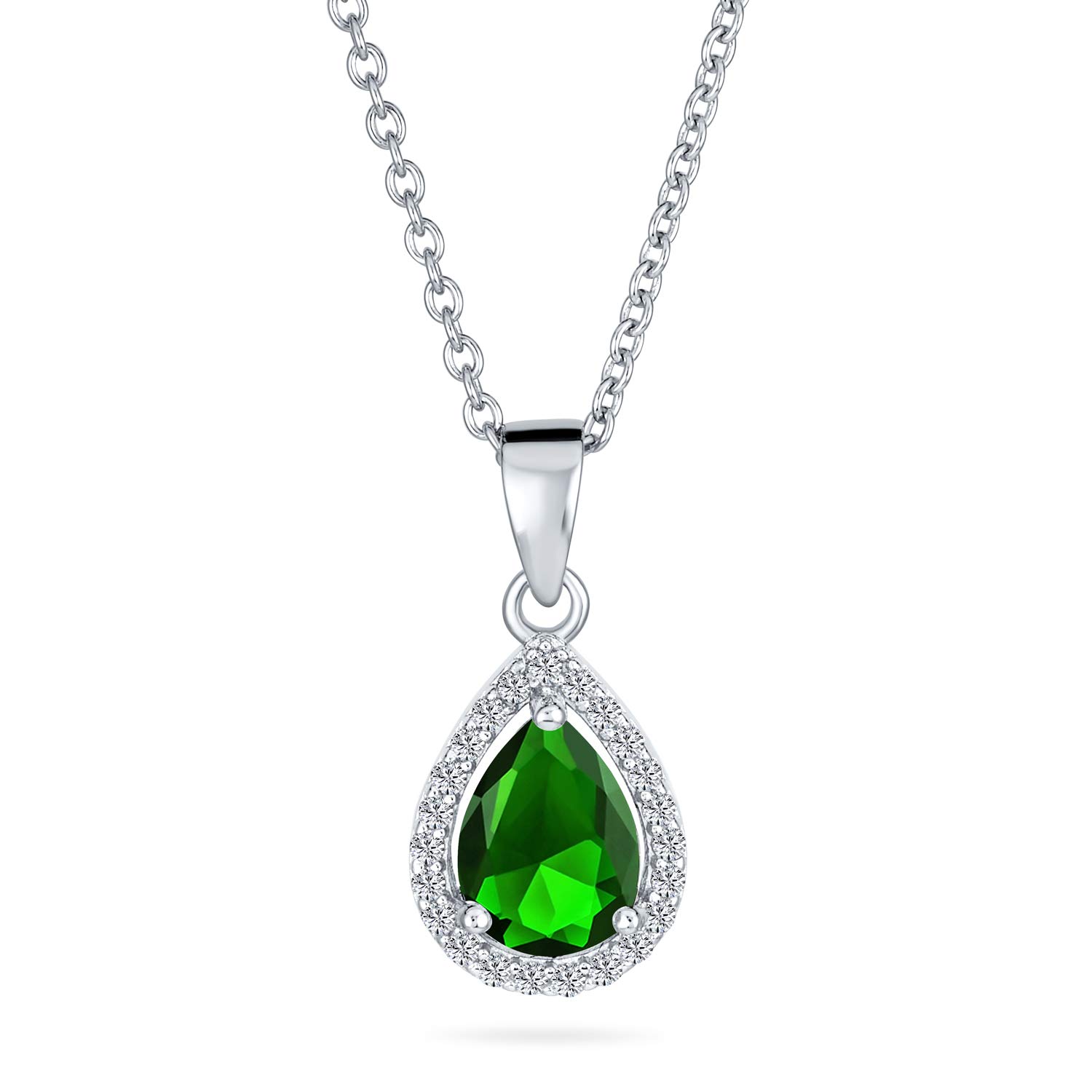 Bling Jewelry 925 Sterling Silver Victorian Vintage Style Delicate Bridal Pear Shape Simulated Emerald Green Solitaire Cubic Zirconia AAA CZ Halo Teardrop Pendant Necklace For Women