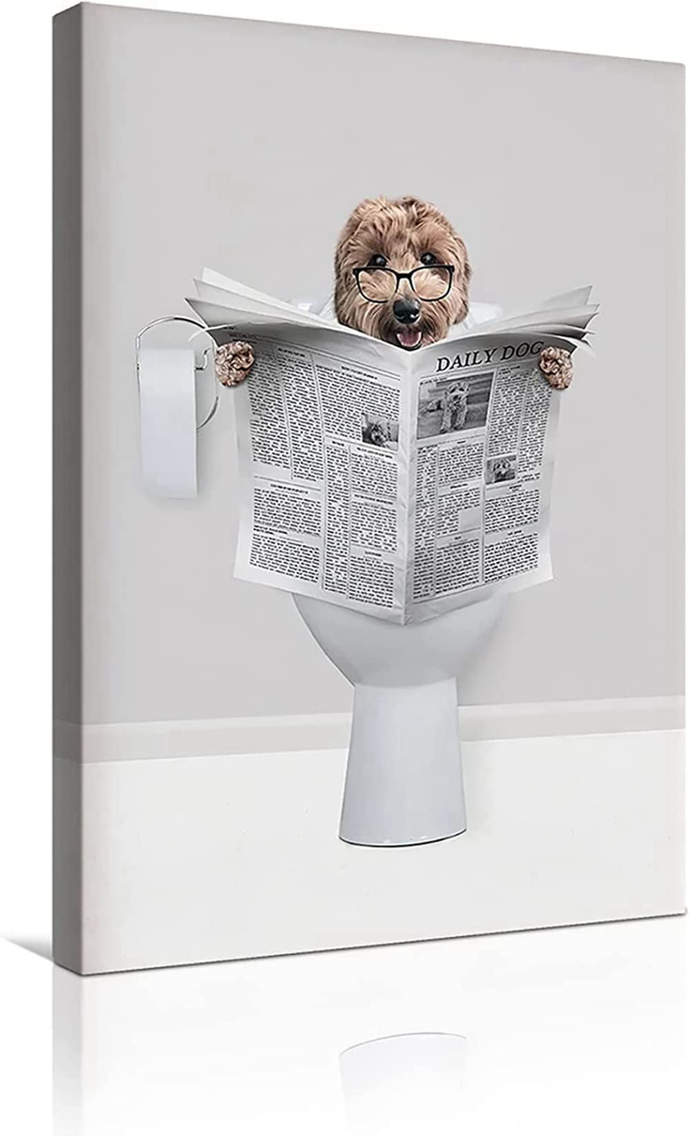 MKHFUW Modern Canvas Wall Art Funny Animals Sitting On The Toilet Newspaper Pictures Reading Bathroom Bedroom Poster Frameless (Dog, 40 x 60cm) — image 1