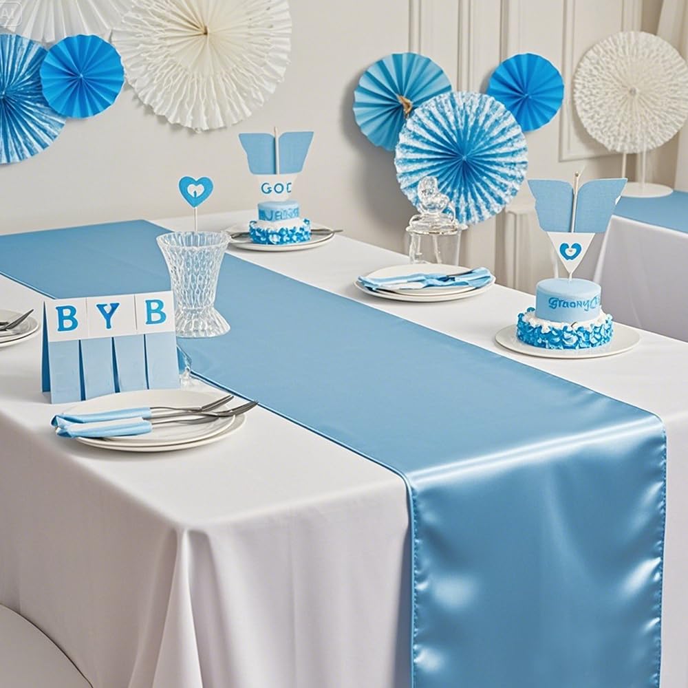 Photo 1 of 10 Pack Satin Baby Blue Table Runners, 12 x 108 inches Long, Light Blue Table Runners for Baby Shower Gender Reveal Wedding Party Birthday Banquets Decor