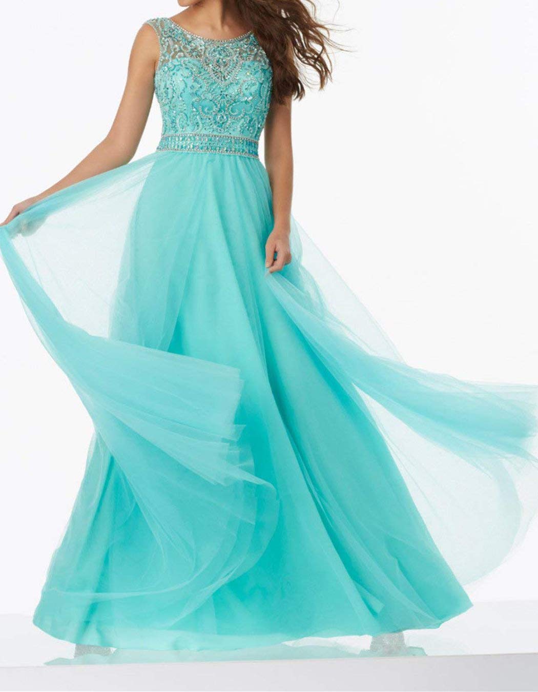 UGLY Women's Crystals Beading Prom Party Dresses Tulle Backless Long