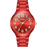Letoff Red Women's Watch with Gold Arabic Numerals, Interchangeable Metal Strap (No Tools Needed), Bold Fashion Timepiece Water Resistant 100ft