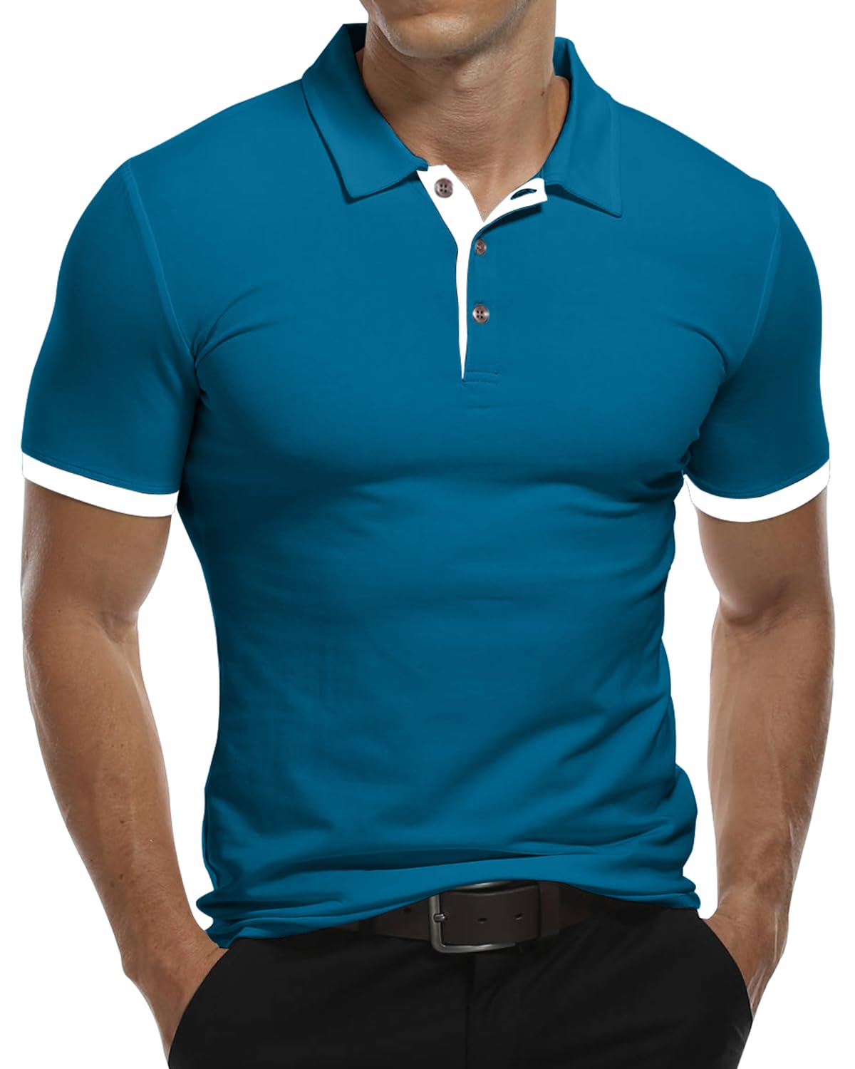 KUYIGO Hemd Herren Kurzarm Einfarbig Slim Fit Casual T-Shirts L Deep Teal