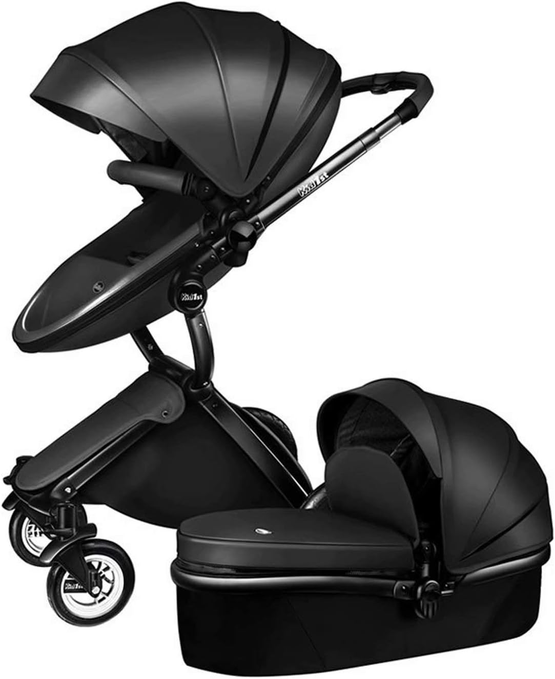 Hot Mom Pushchair 2 in 1 Leather Two-Way High Landscape Shock Absorbers Can Sit Lie Stroller Trolley 360 Degree Rotation (Black)