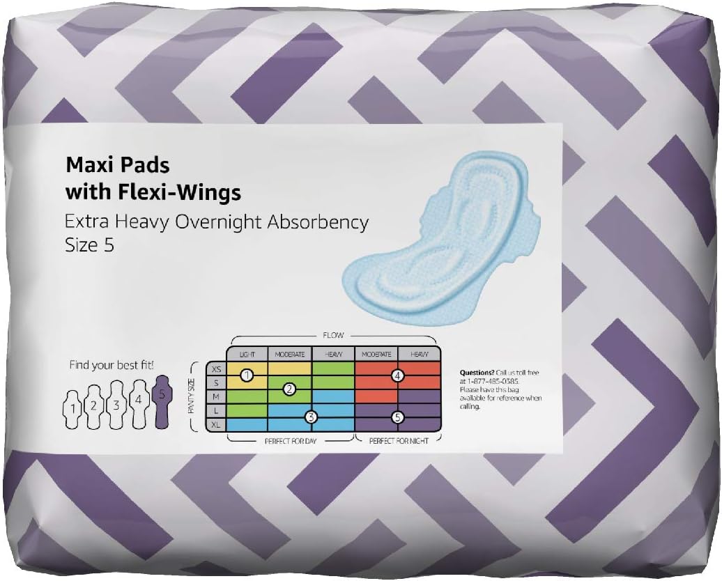  Brand - Solimo Thick Maxi Pads with Flexi-Wings for Periods, Extra Heavy Overnight Absorbency, Unscented, Size 5, 80 Count, 4 Pack: Health & Personal Care
