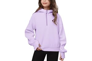 Haloumoning Girls Athletic Quarter Zip Fleece Hoodies Kids Side Slits Sweatshirts Thumb Hole Pullover Tops 5-14 Years