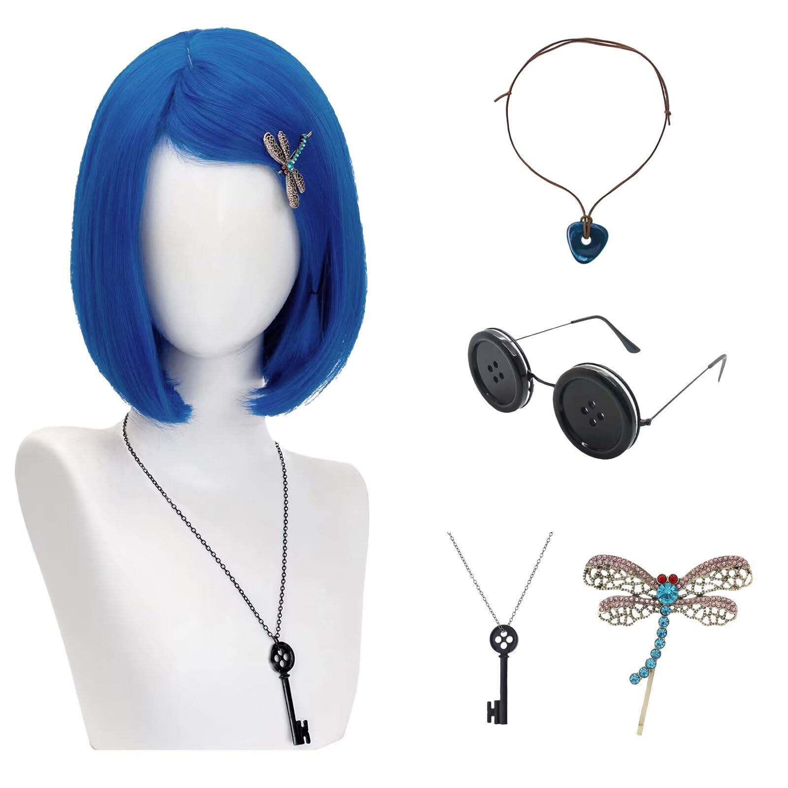 Photo 1 of ***PARTIAL SET*** GOBWCOT Halloween Costume Accesssaries With Wig Necklace Dragonfly Hairpin And Button Glasses Halloween Horror Anime Cosplay Outfit (Blue)