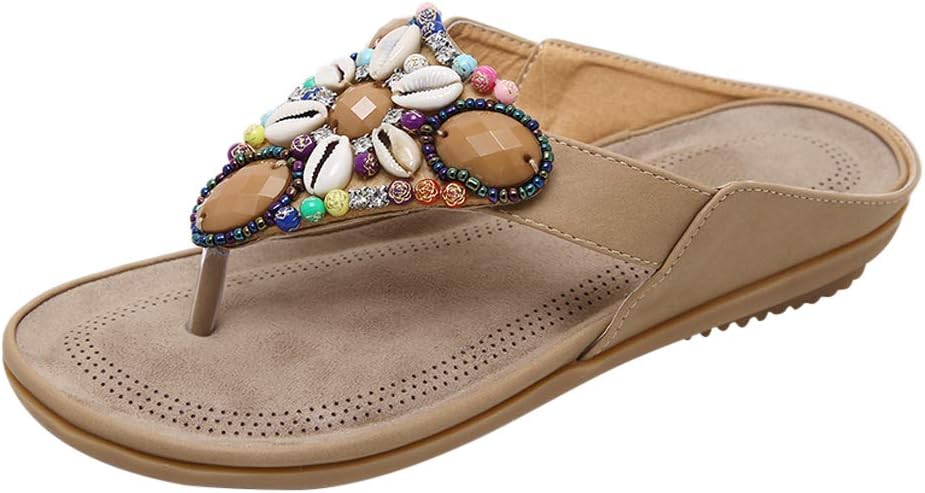 Women's Bohemian Beaded Colorful Jeweled Sandals Summer Flip-Flop Shoes Flat Sandals