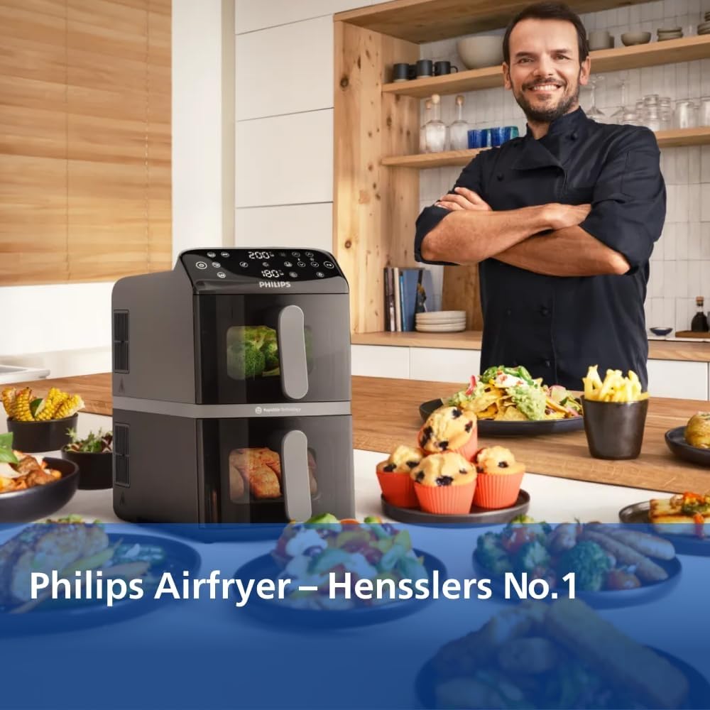 Philips Airfryer 4000 Series Stacked Dual Basket, Gestapelte Heißluftfritteuse 2 Kammern, 10L, RapidAir Technologie, 45% weniger Platzbedarf, PFAS-freie Keramikbeschichtung, Sichtfenster (NA460/00) 4