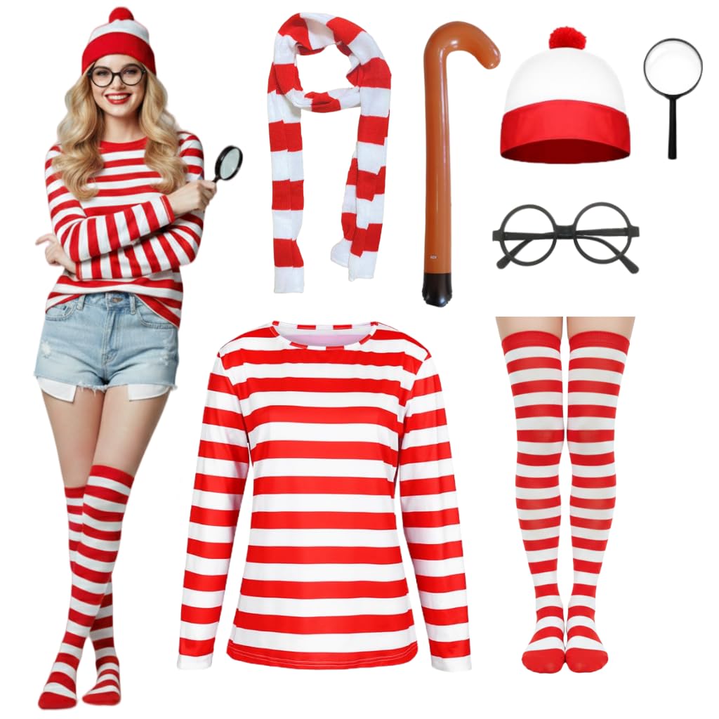 Zynthytic 7 Pcs Wally Costume for Kids Adults Red and White Striped T-shirt Cosplay Accessories with Bean Hat Magnifying Glass Scarf and Socks World Book Day Fancy Dress for Women Men(Women, S)