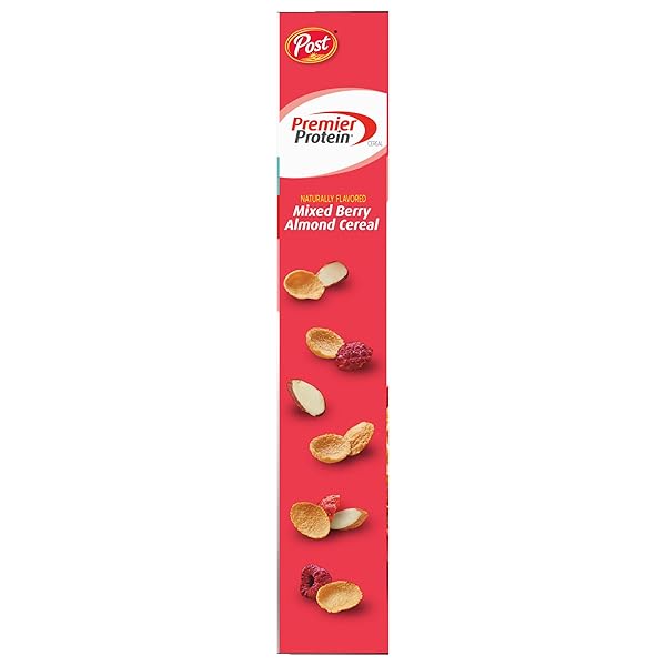 POST PREMIER PROTEIN MIXED BERRY ALMOND CEREAL, PROTEIN CEREAL FLAKES MIXED WITH DRIED BERRIES AND SLICED ALMONDS, CONTAINS 20G OF PROTEIN PER SERVING, 9 OZ BOX
