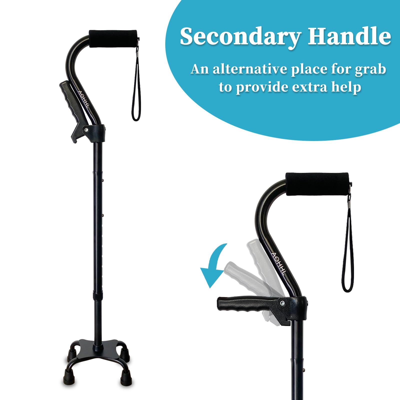 AOHHL Quad Walking Cane Foldable Adjustable Portable Stick Men & Women and Seniors - Lightweight & Sturdy with 4-Pronged Base for Extra Stability Balance,Self Standing Gifts for mom Dad