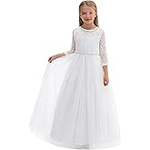 Ullicca Flower Girl Dress Vintage Floral Lace 3/4 Sleeves Wedding Formal Dress Pageant Birthday Party Tulle Pearls Ball Gowns