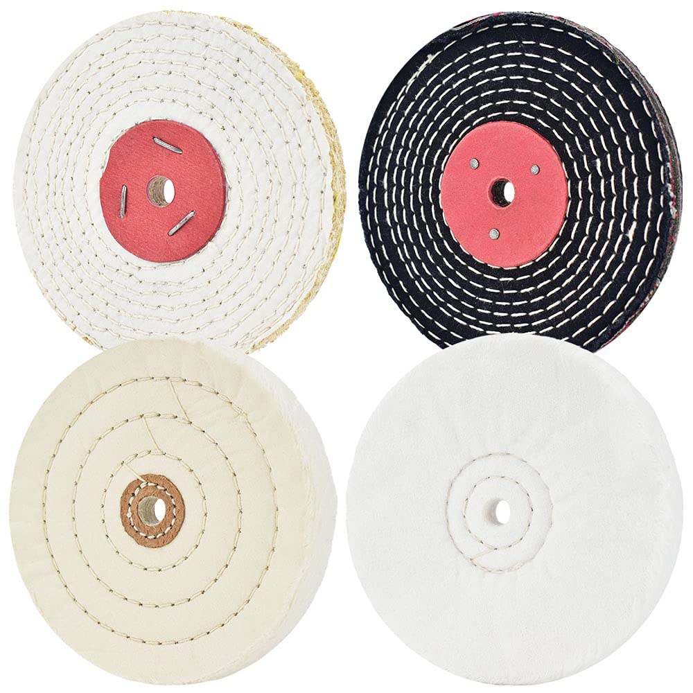 OBLUESKY 6 Inch Buffing Polishing Wheel - Fine (50 Ply, Aluminium Oxide) - Medium (1/2" Thick, 5 Ply) - Coarse (3/8" Arbor Hole) - 4 Pcs for Bench Grinder