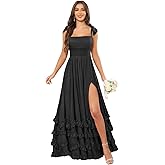 GUKARLEED Women’s Ruffles Bridesmaid Dresses with Pockets Layered Scoop Neck Formal Dress Slit Chiffon Wedding Guest Dress