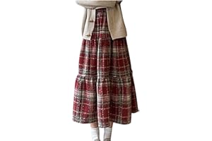 Women's Winter Warm Wool Skirts Plaid High Waist A-Line Drape Pleated Tiered Casual Maxi Skirts with Pockets