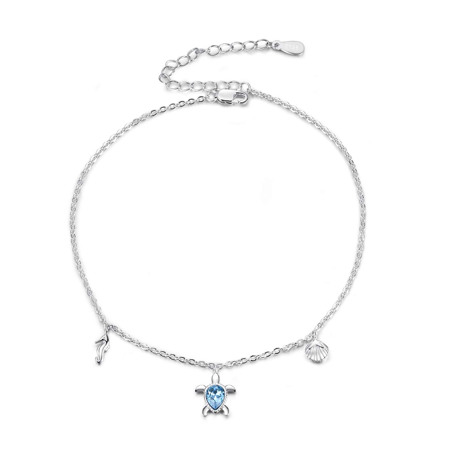 Beach Starfish Turtle Ankle Bracelet for Women, 925 Sterling Silver Charm Adjustable Anklet