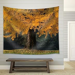 Large Gold Tree with Fallen Leaves During Fall Time - Fabric Tapestry, Home Decor - 51x60 inches