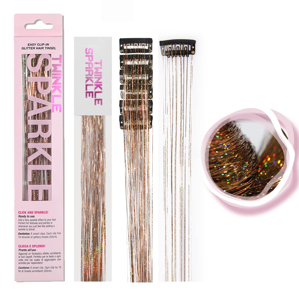 Photo 1 of 6Pcs Clip in Hair Tinsel Kit, 19.6 Inch Heat Resistant Glitter Tinsel Hair Extension Clips, Fairy Hair Sparkle Strands Festival Gift Party Dazzle Hair Accessories for Women Girls Kids (TIGER'S EYE)