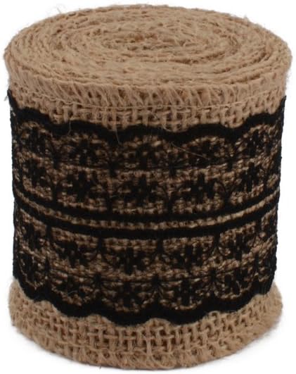 COOLAKE Burlap Lace Ribbon Natural Craft Ribbon Roll with Black Lace for DIY Handmade Wedding Crafts Decoration 78 inch