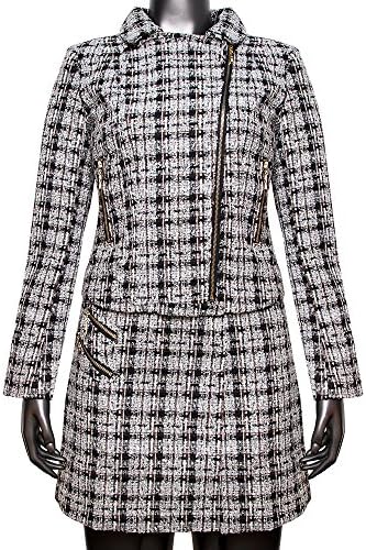 FOND Women's Zip Up Slim Skirt Suit Set Tweed Pea Jacket Casual Business Office