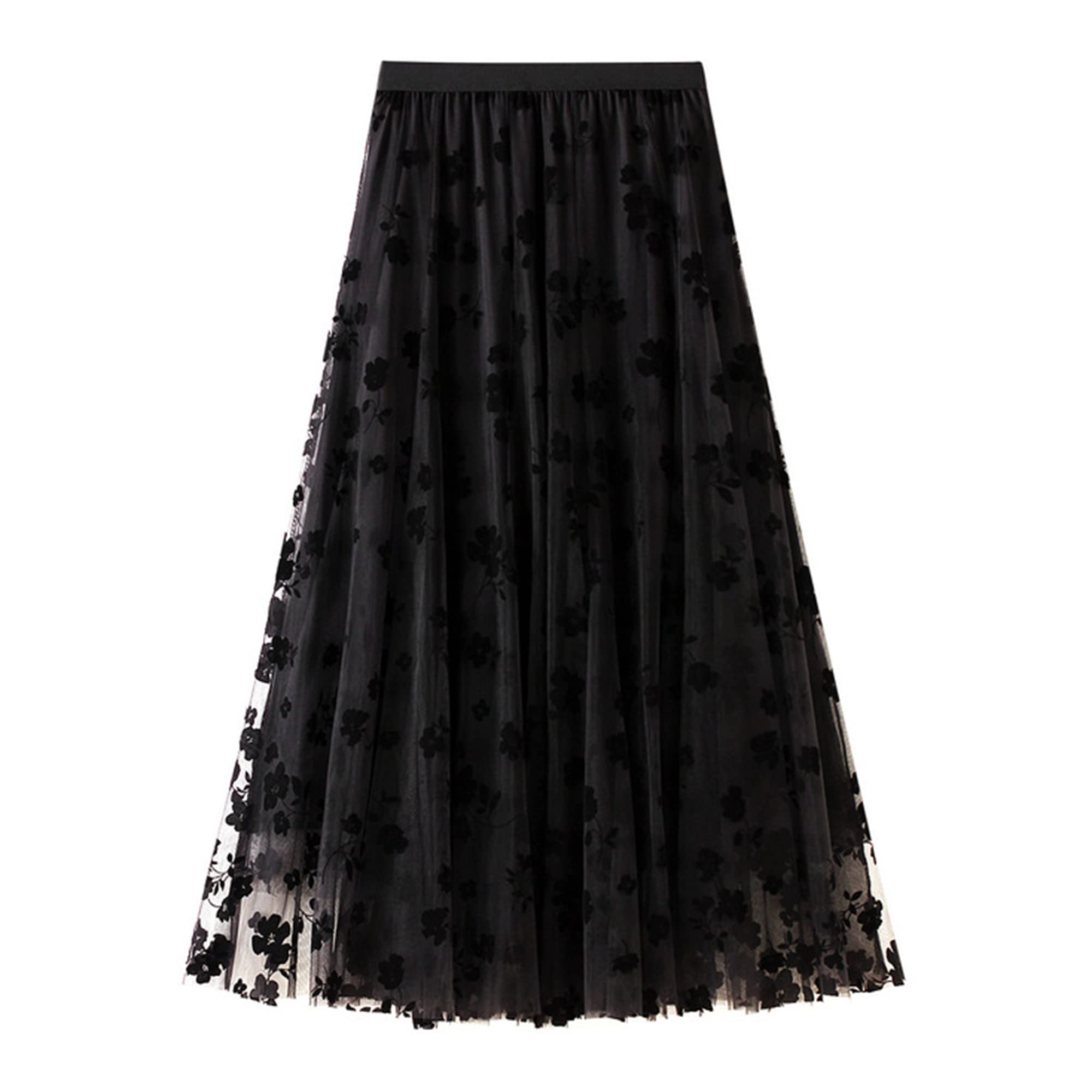 Photo 1 of Dirholl Women's A-Line Fairy Patterned Elastic Waist Ruffle Tulle Layered Midi Skirt Flowers Black